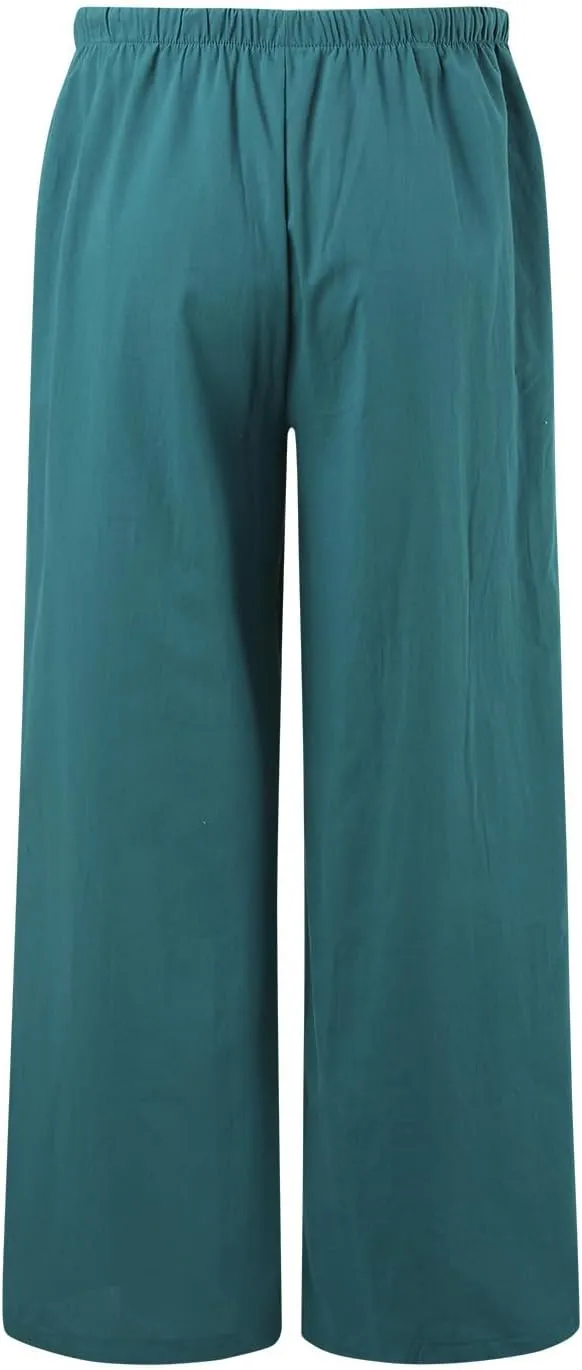 Women's Cotton Linen Summer Palazzo Pants Flowy Wide Leg Beach Trousers Drawstring Elastic Waist Casual Baggy Slacks