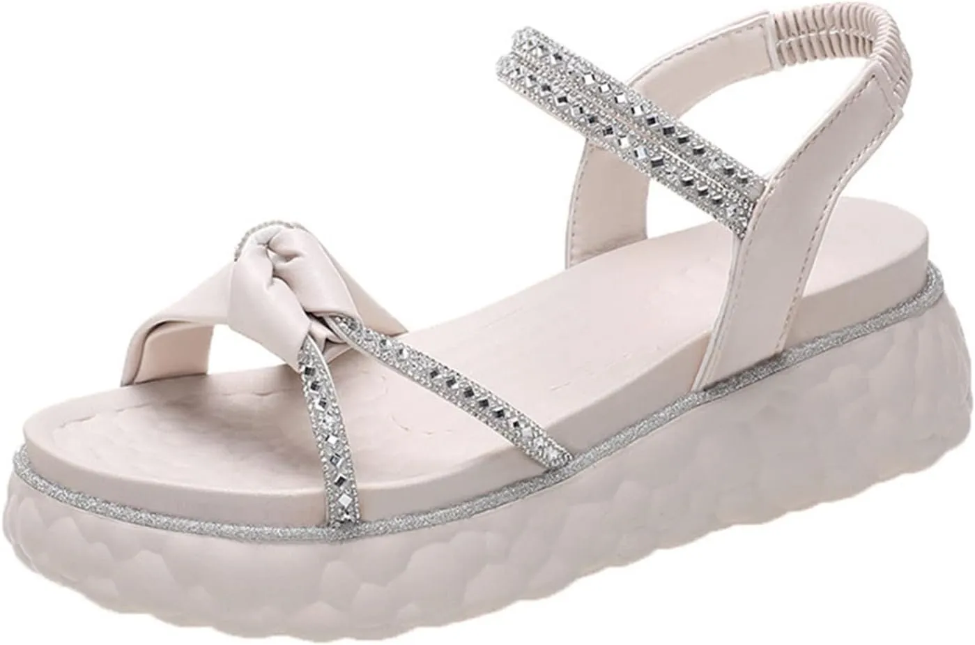 Women's Cross Bowknot Strappy Sandal Solid Rhinestone Embellished Stretch Shoe High Elastic Ankle Sandals