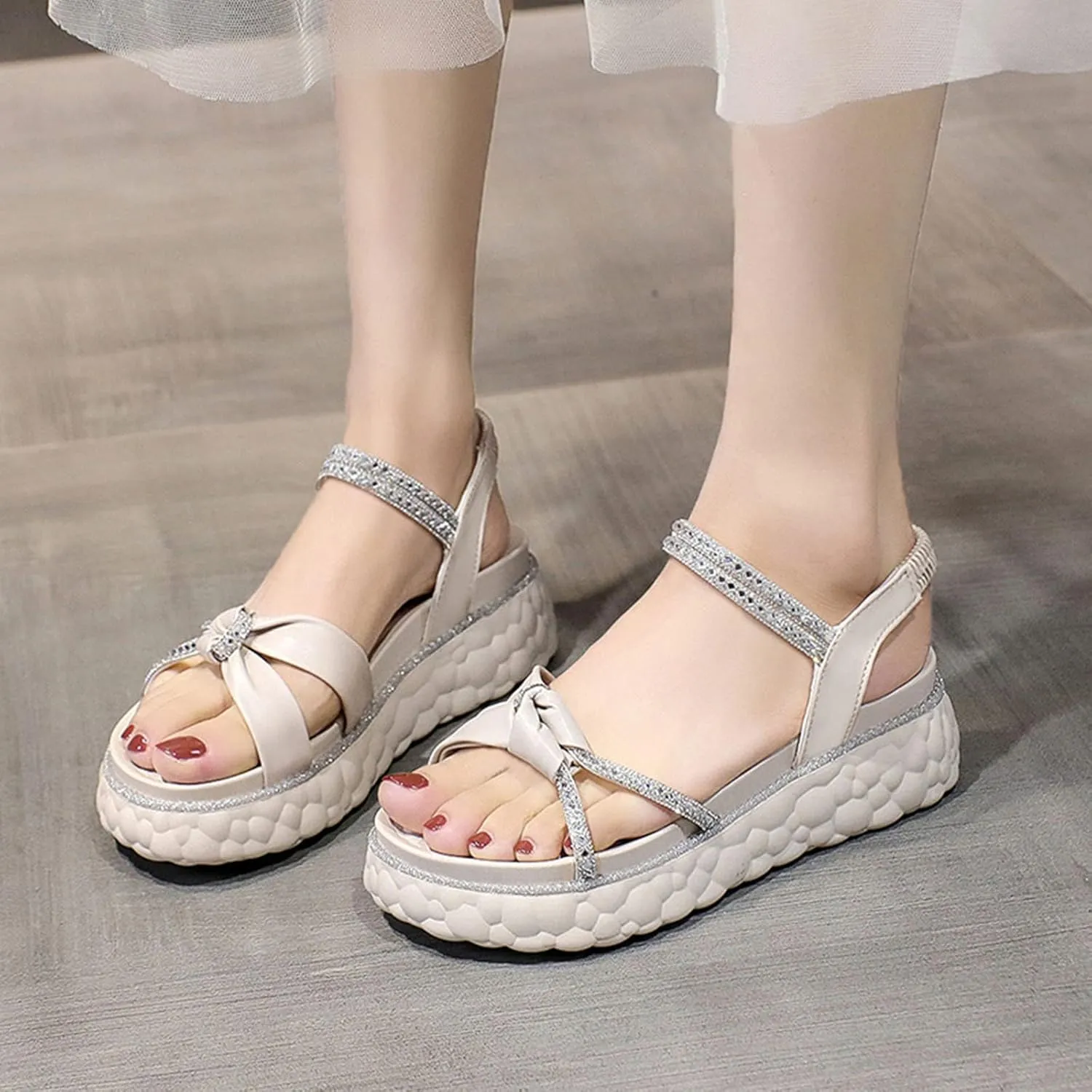 Women's Cross Bowknot Strappy Sandal Solid Rhinestone Embellished Stretch Shoe High Elastic Ankle Sandals