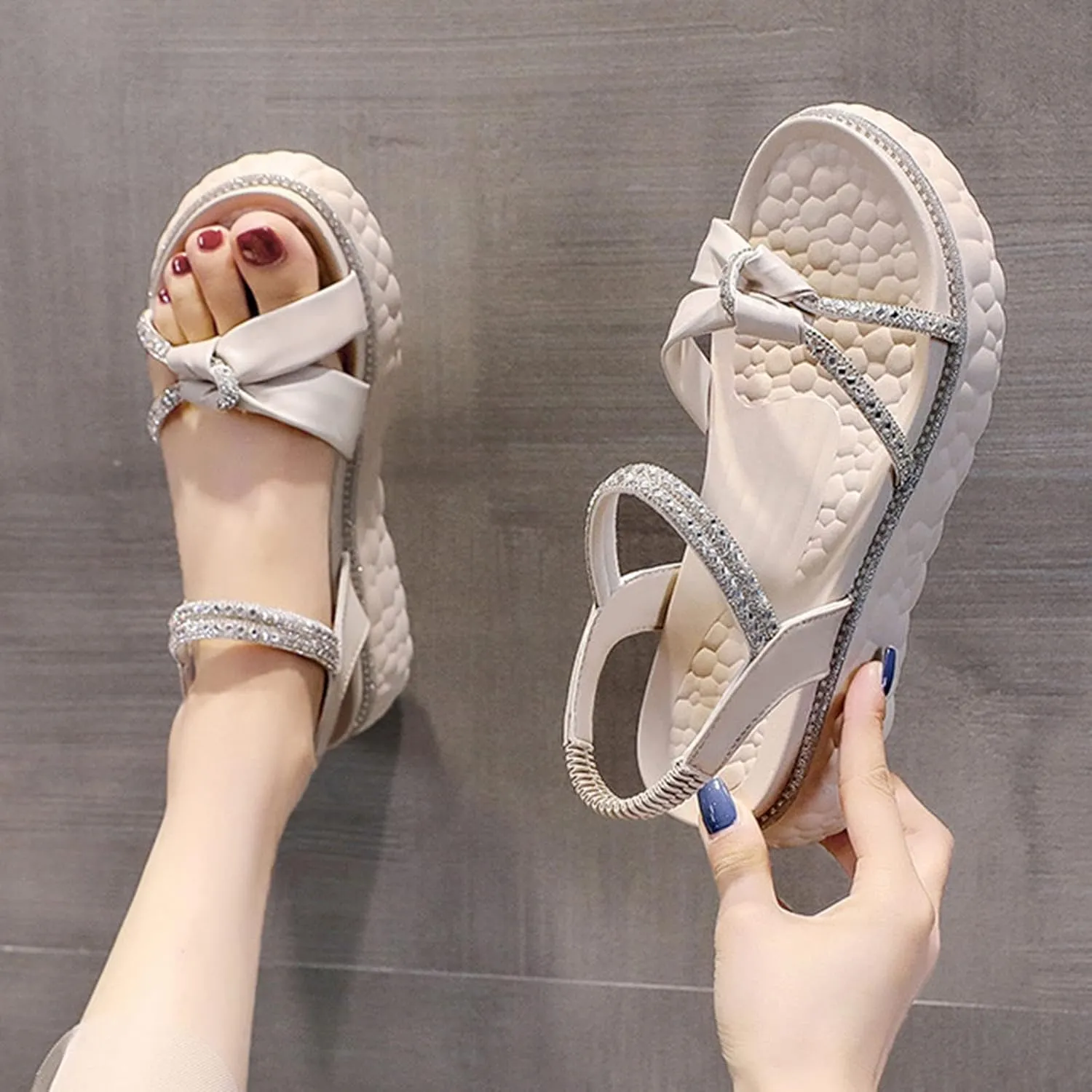 Women's Cross Bowknot Strappy Sandal Solid Rhinestone Embellished Stretch Shoe High Elastic Ankle Sandals