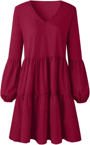 Women's Deep V Neck Ruffle Dress Loose Solid Color Long Sleeve Dress Casual Tunic Flowy Mini Swing Dresses