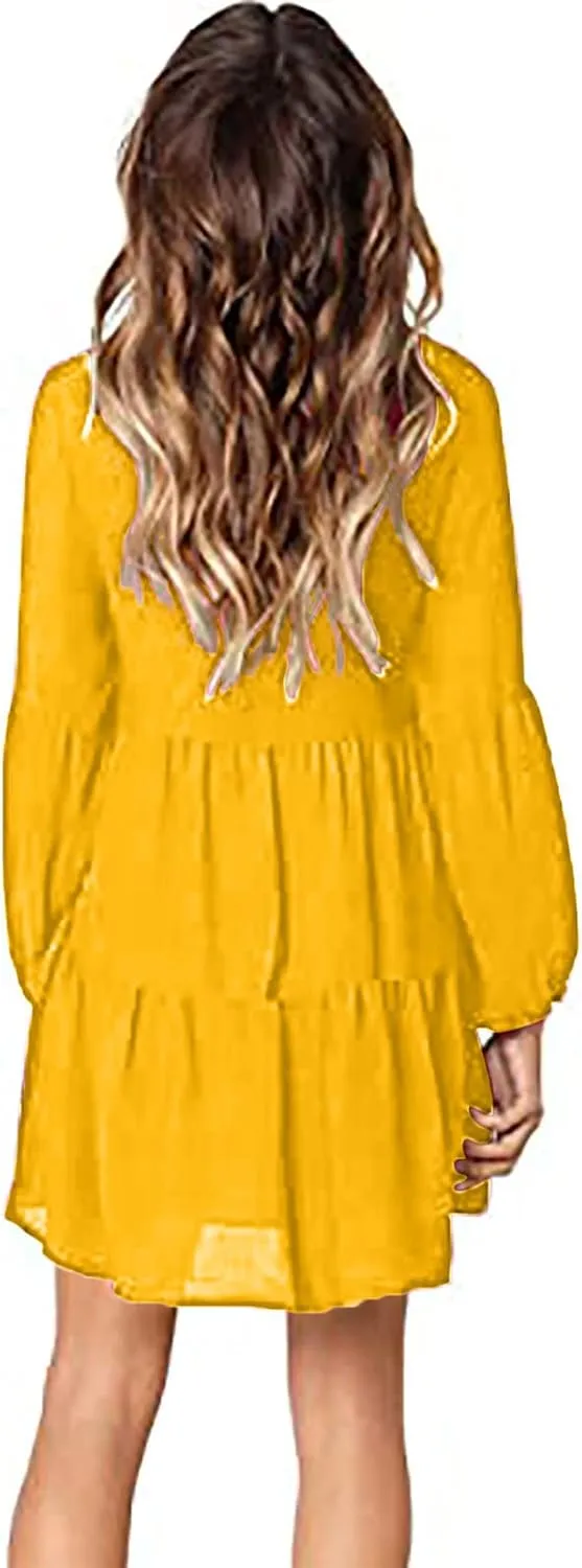 Women's Deep V Neck Ruffle Dress Loose Solid Color Long Sleeve Dress Casual Tunic Flowy Mini Swing Dresses