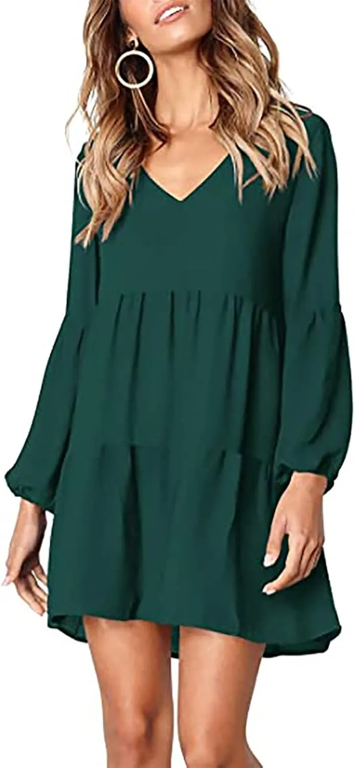 Women's Deep V Neck Ruffle Dress Loose Solid Color Long Sleeve Dress Casual Tunic Flowy Mini Swing Dresses