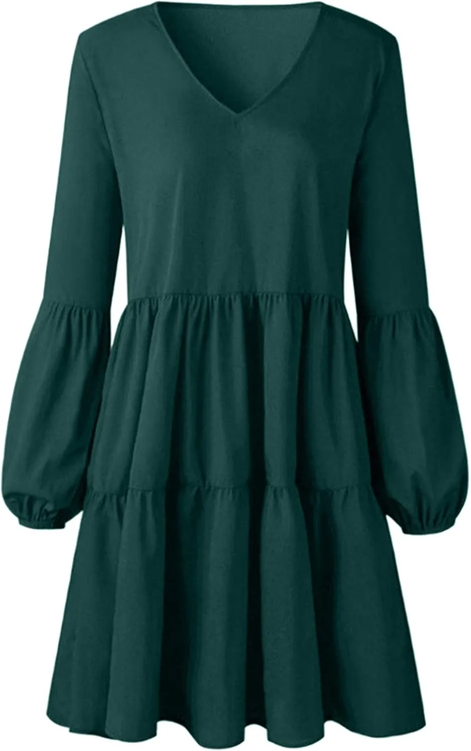 Women's Deep V Neck Ruffle Dress Loose Solid Color Long Sleeve Dress Casual Tunic Flowy Mini Swing Dresses