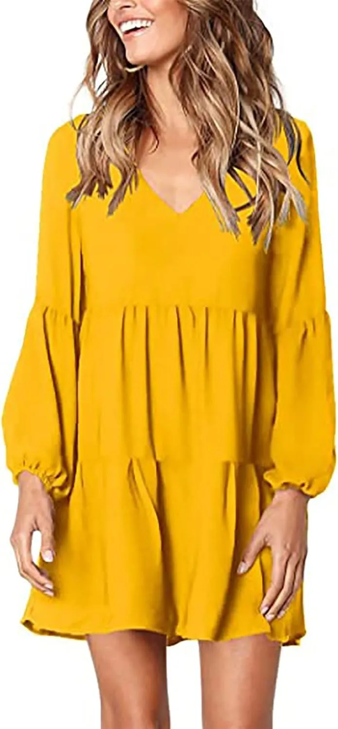 Women's Deep V Neck Ruffle Dress Loose Solid Color Long Sleeve Dress Casual Tunic Flowy Mini Swing Dresses