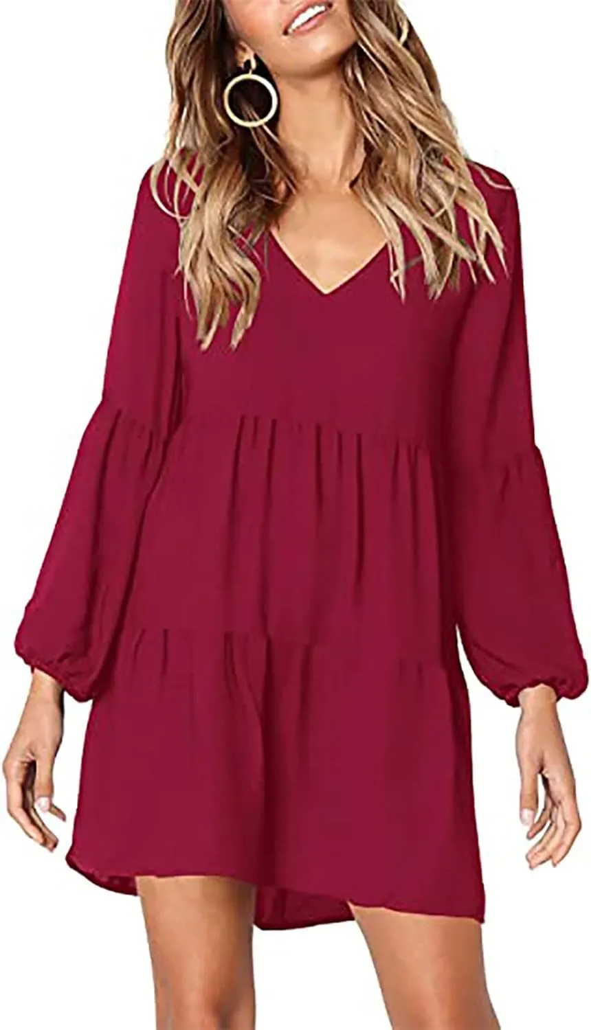 Women's Deep V Neck Ruffle Dress Loose Solid Color Long Sleeve Dress Casual Tunic Flowy Mini Swing Dresses