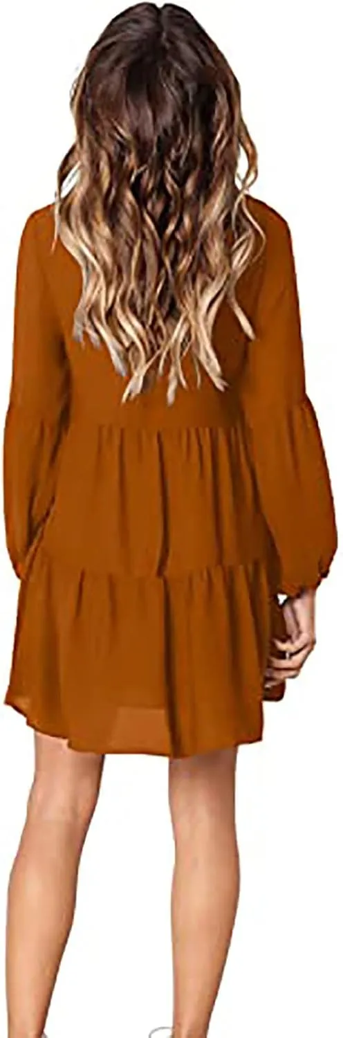 Women's Deep V Neck Ruffle Dress Loose Solid Color Long Sleeve Dress Casual Tunic Flowy Mini Swing Dresses
