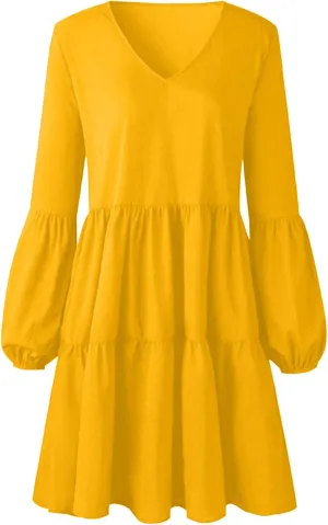Women's Deep V Neck Ruffle Dress Loose Solid Color Long Sleeve Dress Casual Tunic Flowy Mini Swing Dresses