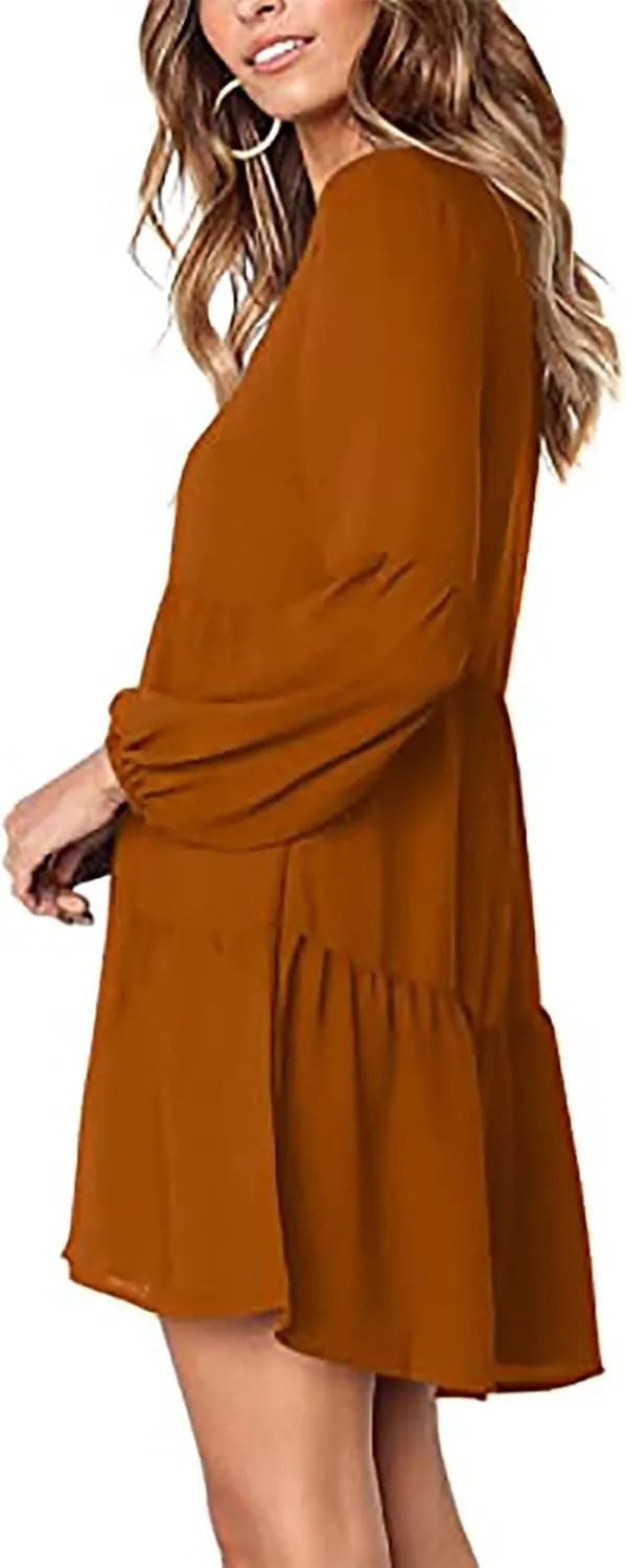 Women's Deep V Neck Ruffle Dress Loose Solid Color Long Sleeve Dress Casual Tunic Flowy Mini Swing Dresses