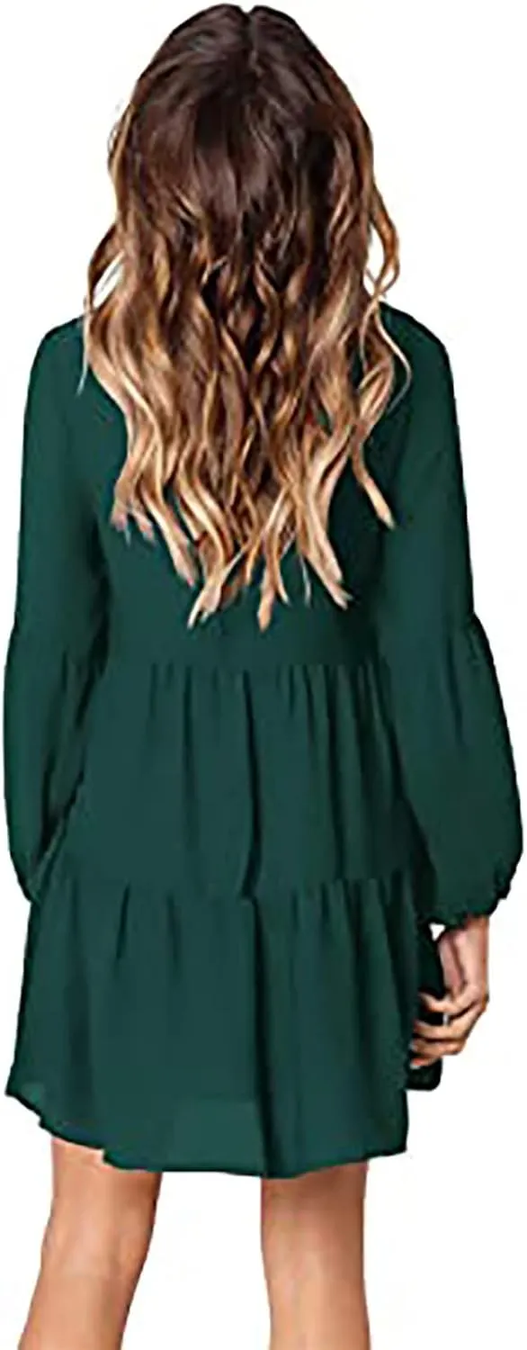 Women's Deep V Neck Ruffle Dress Loose Solid Color Long Sleeve Dress Casual Tunic Flowy Mini Swing Dresses