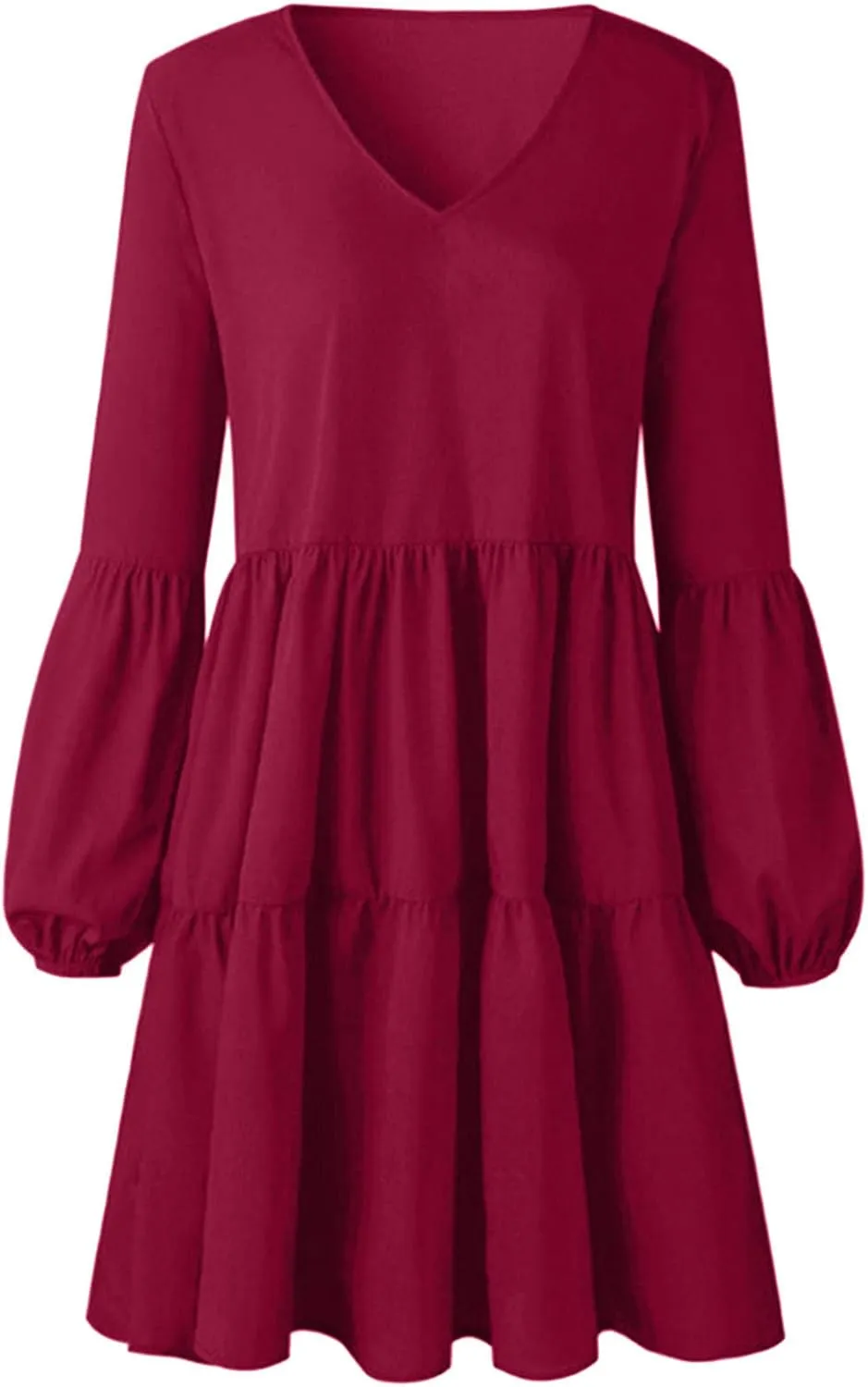 Women's Deep V Neck Ruffle Dress Loose Solid Color Long Sleeve Dress Casual Tunic Flowy Mini Swing Dresses