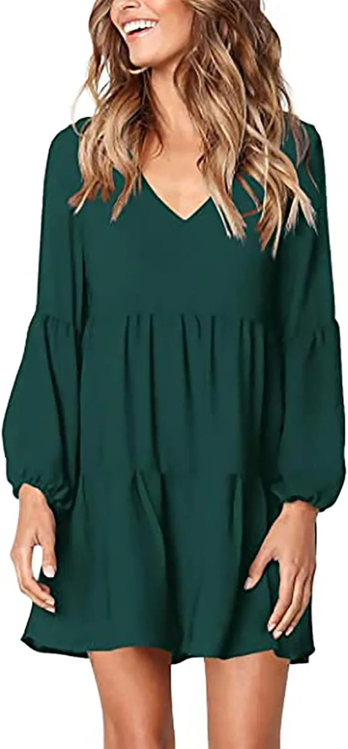 Women's Deep V Neck Ruffle Dress Loose Solid Color Long Sleeve Dress Casual Tunic Flowy Mini Swing Dresses
