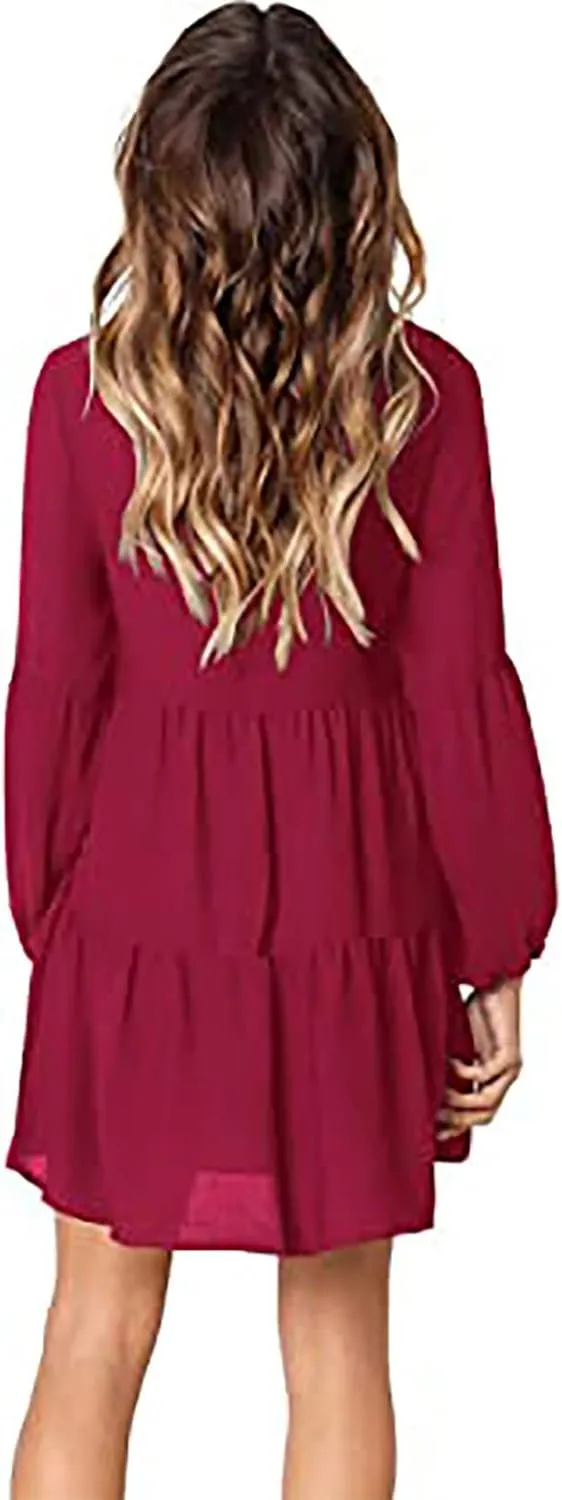 Women's Deep V Neck Ruffle Dress Loose Solid Color Long Sleeve Dress Casual Tunic Flowy Mini Swing Dresses