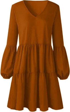 Women's Deep V Neck Ruffle Dress Loose Solid Color Long Sleeve Dress Casual Tunic Flowy Mini Swing Dresses