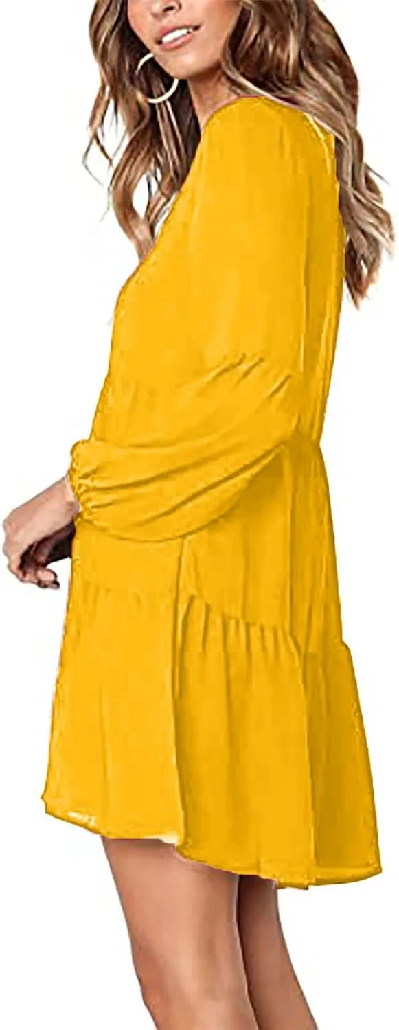 Women's Deep V Neck Ruffle Dress Loose Solid Color Long Sleeve Dress Casual Tunic Flowy Mini Swing Dresses