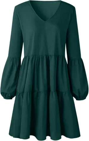 Women's Deep V Neck Ruffle Dress Loose Solid Color Long Sleeve Dress Casual Tunic Flowy Mini Swing Dresses