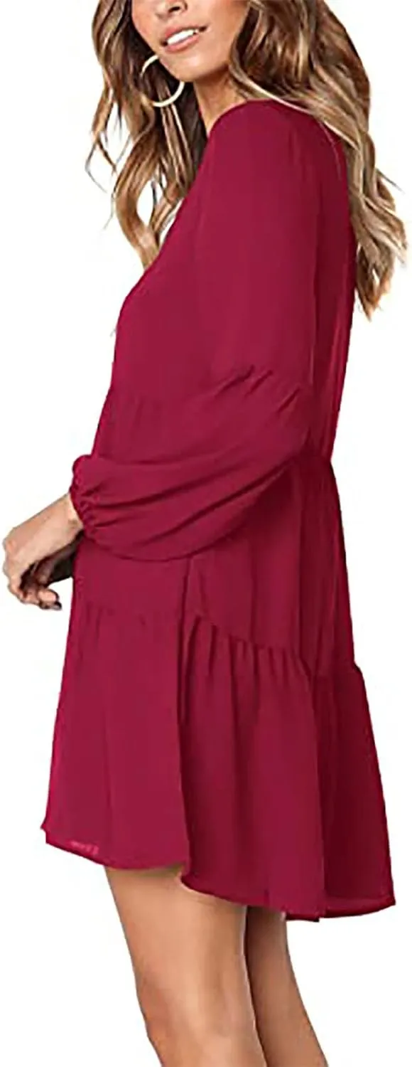 Women's Deep V Neck Ruffle Dress Loose Solid Color Long Sleeve Dress Casual Tunic Flowy Mini Swing Dresses