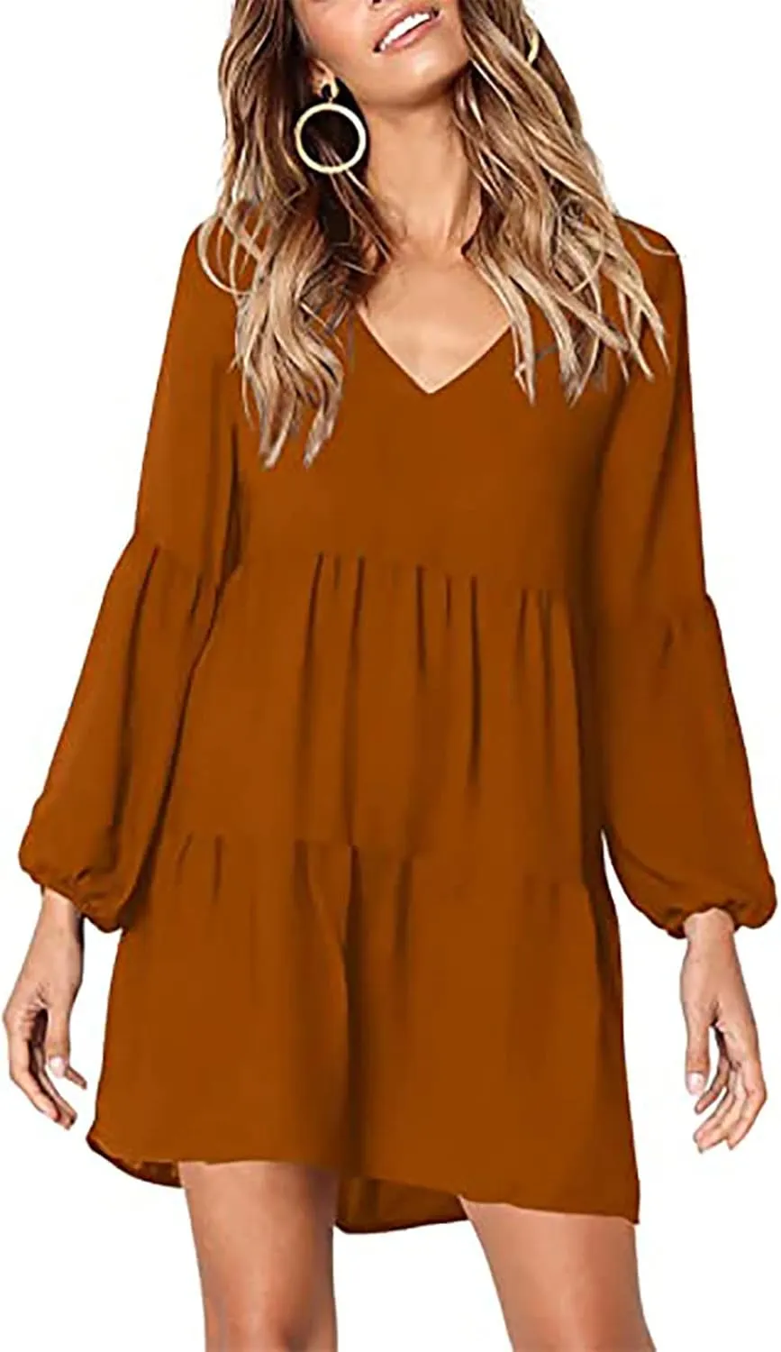 Women's Deep V Neck Ruffle Dress Loose Solid Color Long Sleeve Dress Casual Tunic Flowy Mini Swing Dresses