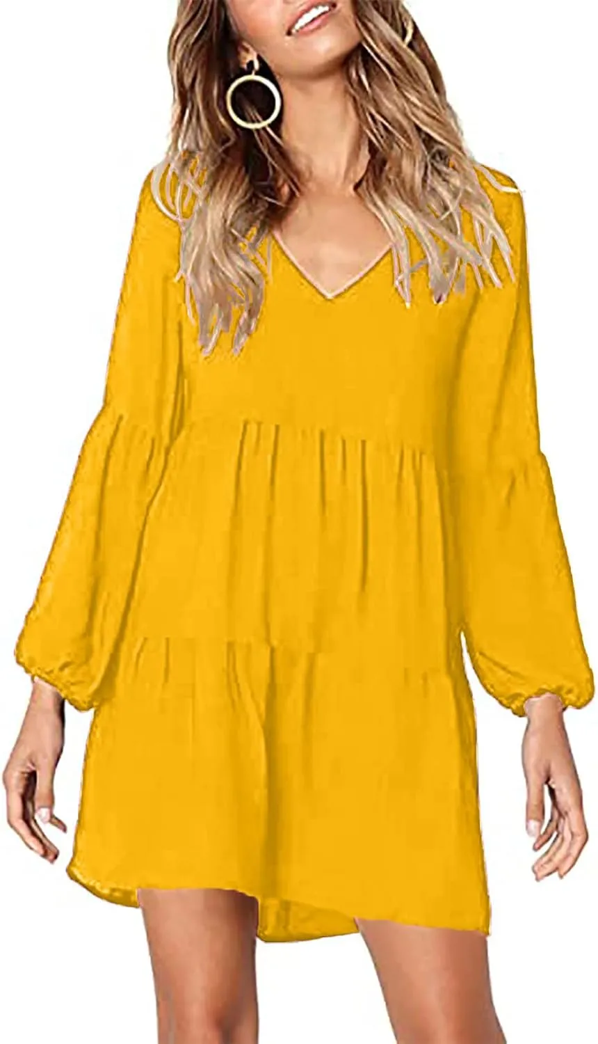 Women's Deep V Neck Ruffle Dress Loose Solid Color Long Sleeve Dress Casual Tunic Flowy Mini Swing Dresses