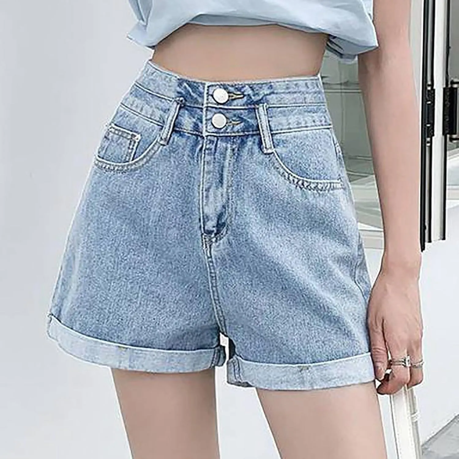Women's Denim Shorts High Waisted Casual Stretchy Trendy Summer Y2k Baggy Girls Wide Leg Folded Hem Slim Jean Shorts
