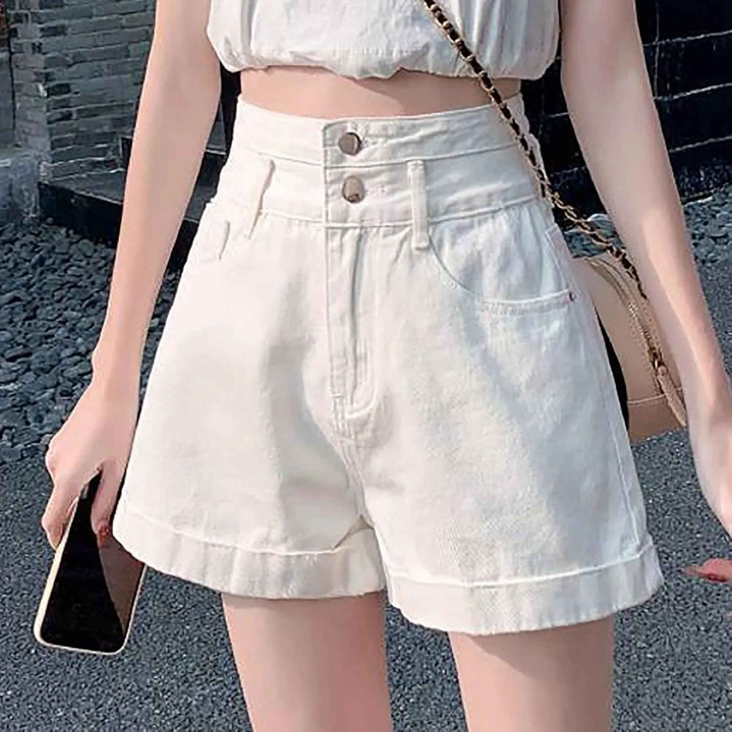 Women's Denim Shorts High Waisted Casual Stretchy Trendy Summer Y2k Baggy Girls Wide Leg Folded Hem Slim Jean Shorts