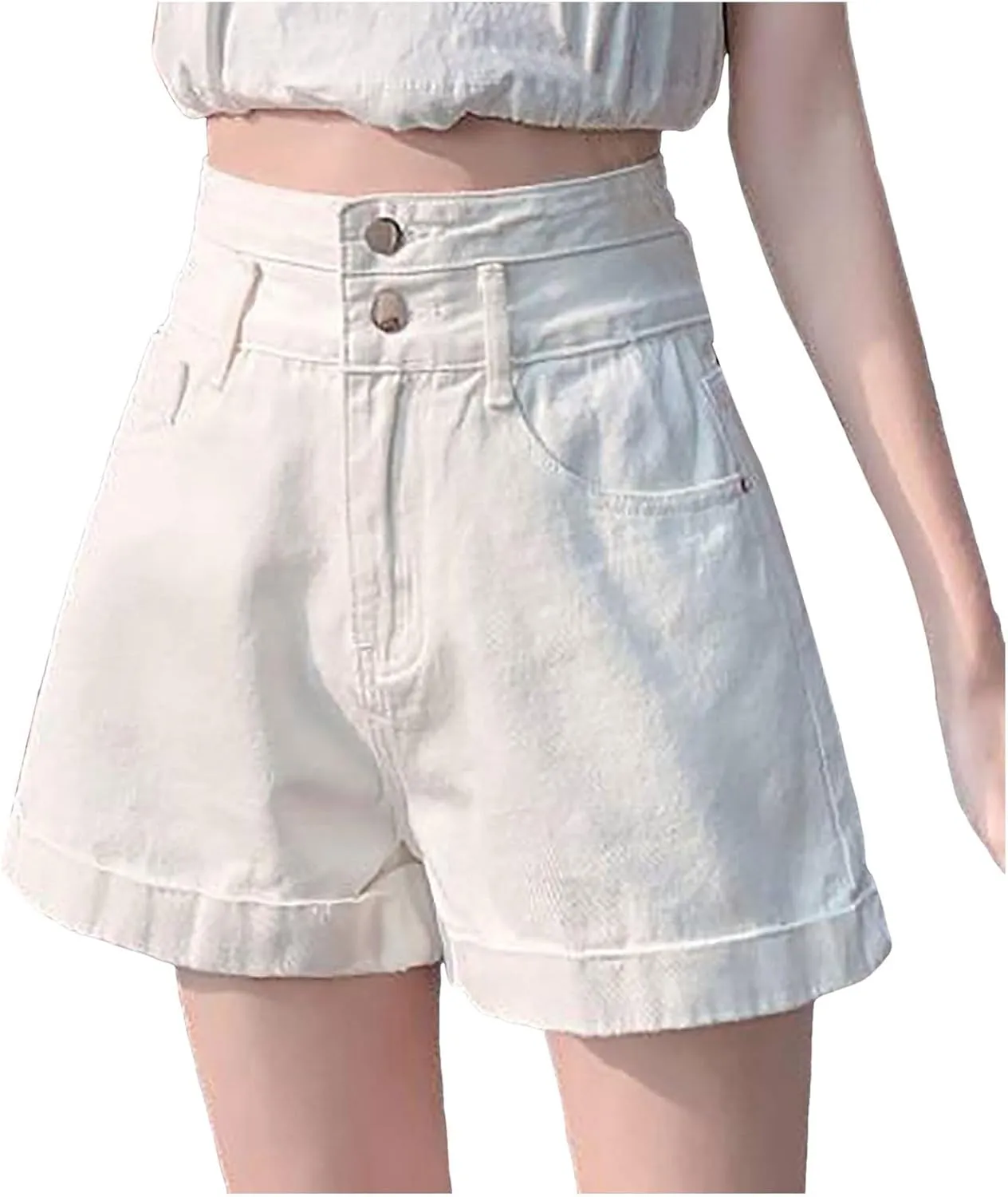 Women's Denim Shorts High Waisted Casual Stretchy Trendy Summer Y2k Baggy Girls Wide Leg Folded Hem Slim Jean Shorts