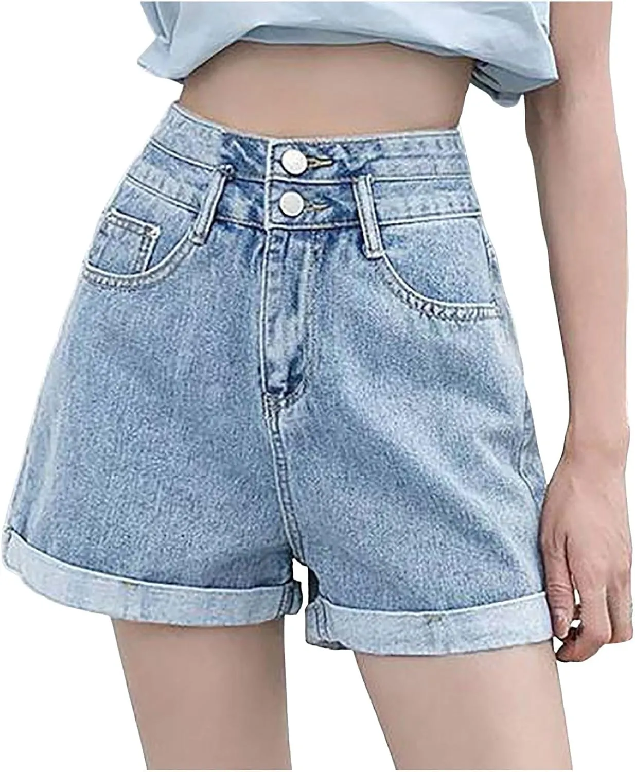 Women's Denim Shorts High Waisted Casual Stretchy Trendy Summer Y2k Baggy Girls Wide Leg Folded Hem Slim Jean Shorts