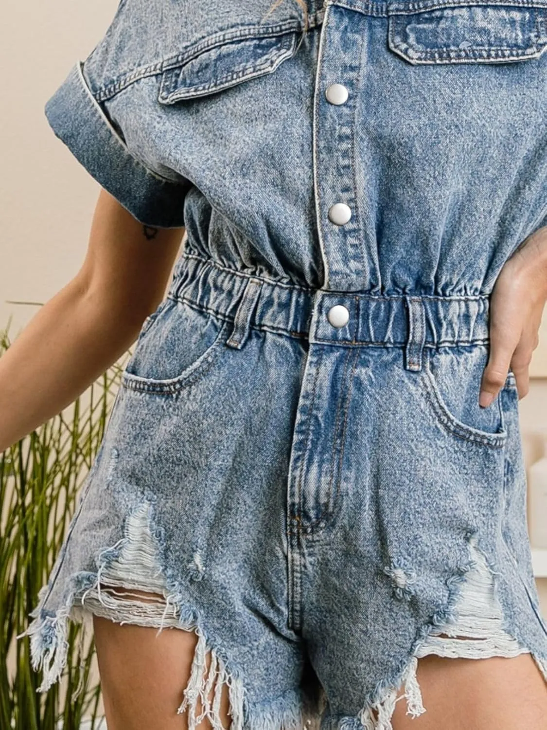 Women's Distressed Denim Romper Short Cuffed Sleeve Jean Jumpsuit Collared Ripped Frayed Shortalls Overalls