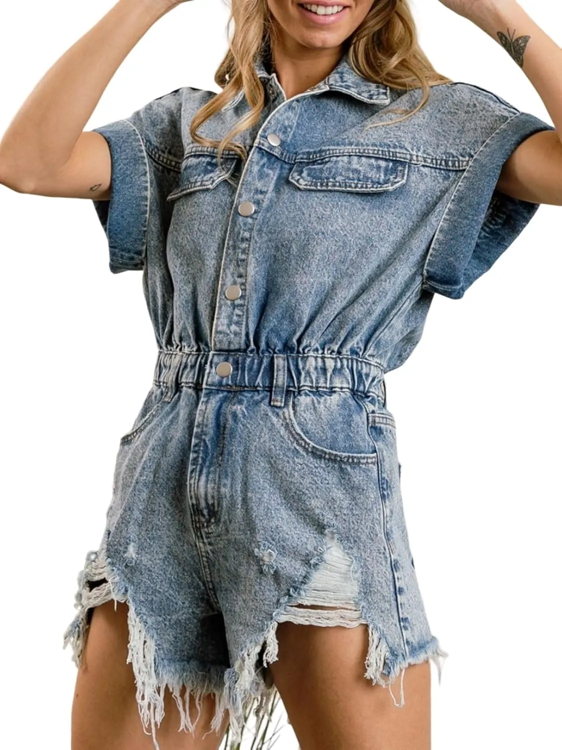Women's Distressed Denim Romper Short Cuffed Sleeve Jean Jumpsuit Collared Ripped Frayed Shortalls Overalls