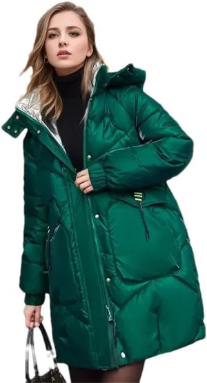 Womens Down Cotton Padded Coat Winter Loose Long Bright Zippers Pockets Hooded Parkas Jacket