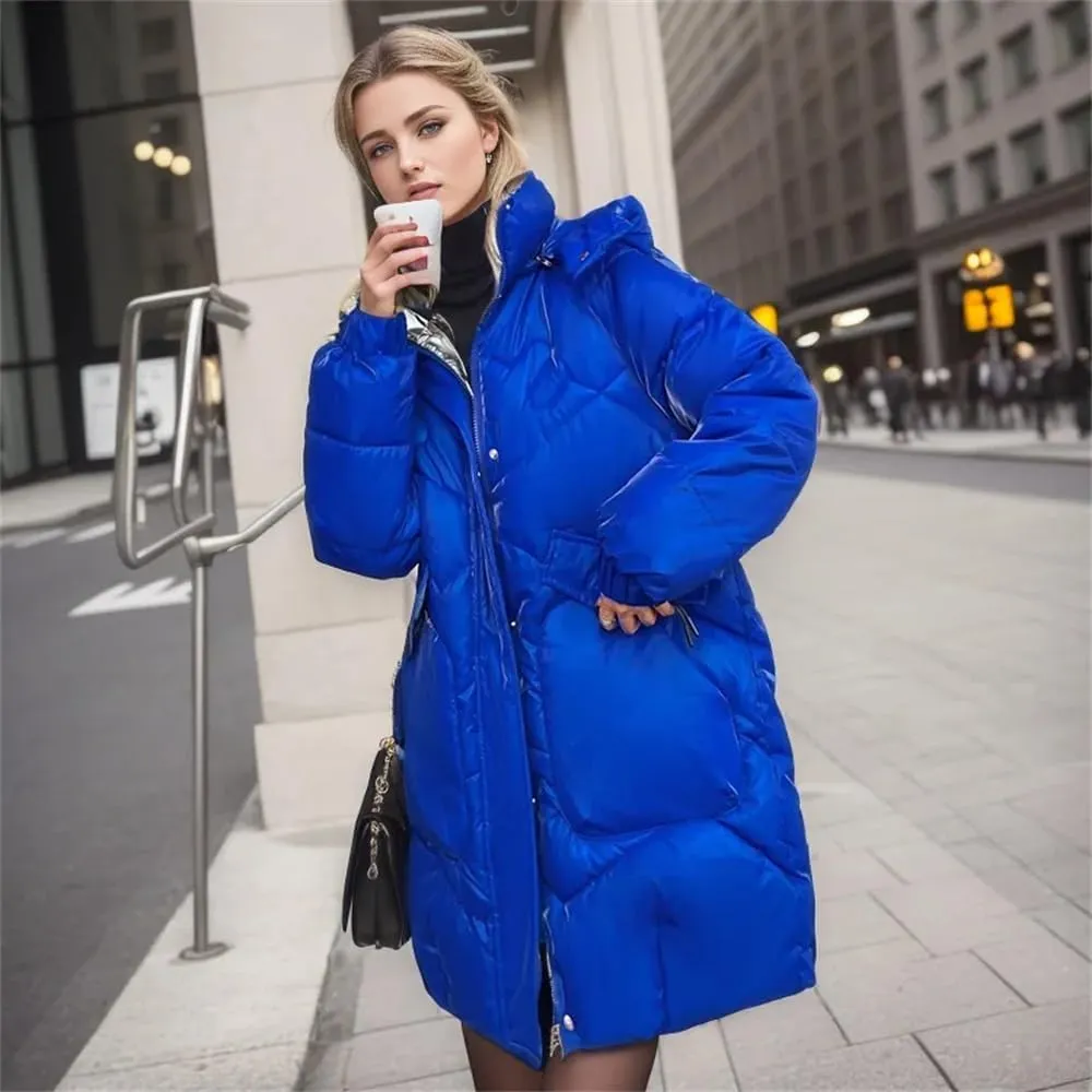 Womens Down Cotton Padded Coat Winter Loose Long Bright Zippers Pockets Hooded Parkas Jacket