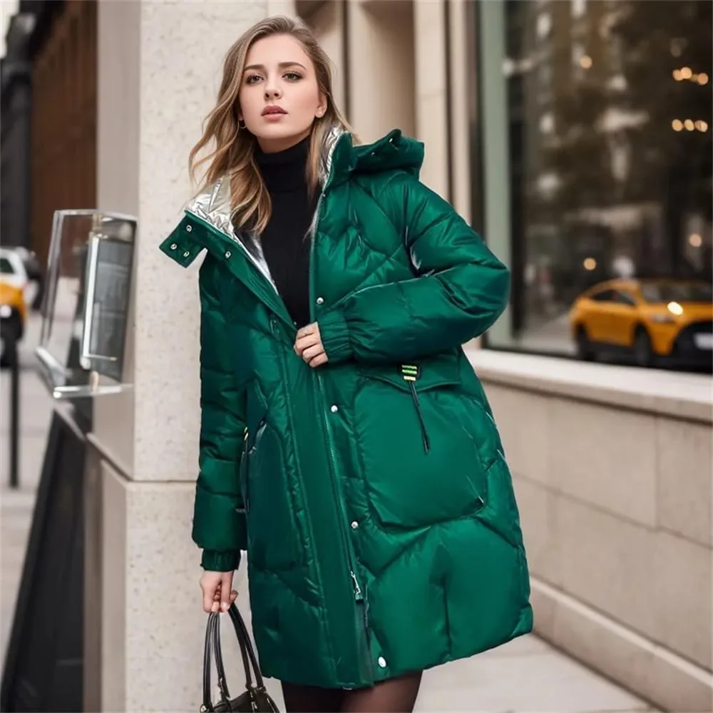 Womens Down Cotton Padded Coat Winter Loose Long Bright Zippers Pockets Hooded Parkas Jacket