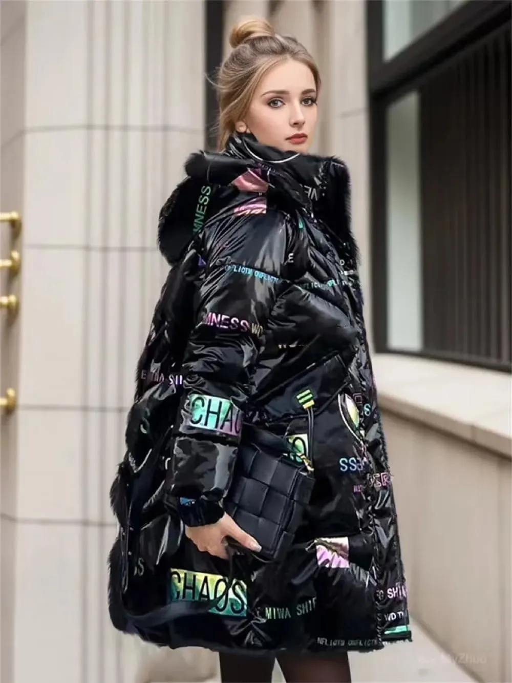 Womens Down Cotton Padded Coat Winter Loose Long Bright Zippers Pockets Hooded Parkas Jacket