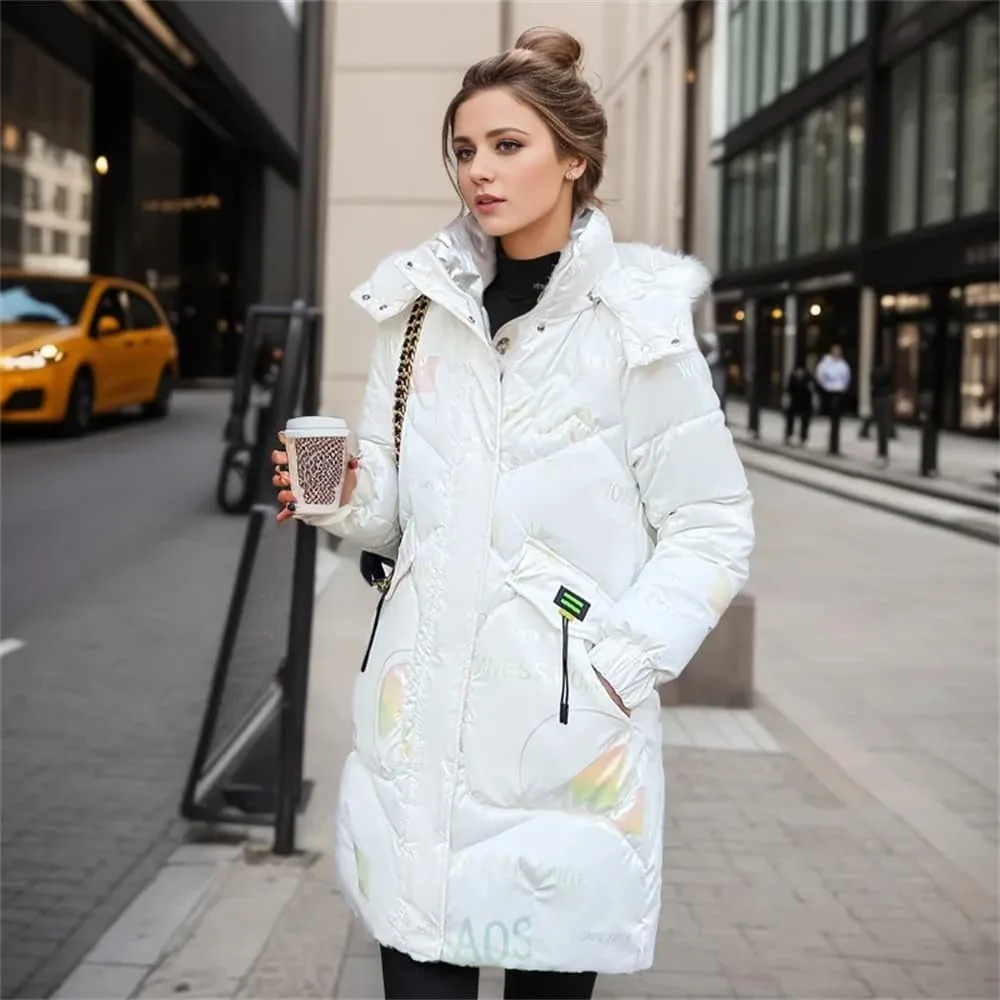 Womens Down Cotton Padded Coat Winter Loose Long Bright Zippers Pockets Hooded Parkas Jacket