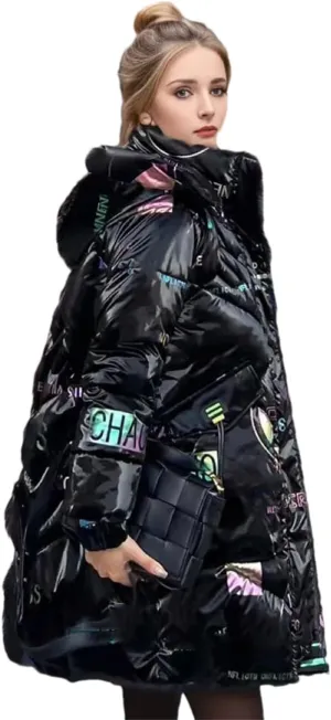 Womens Down Cotton Padded Coat Winter Loose Long Bright Zippers Pockets Hooded Parkas Jacket