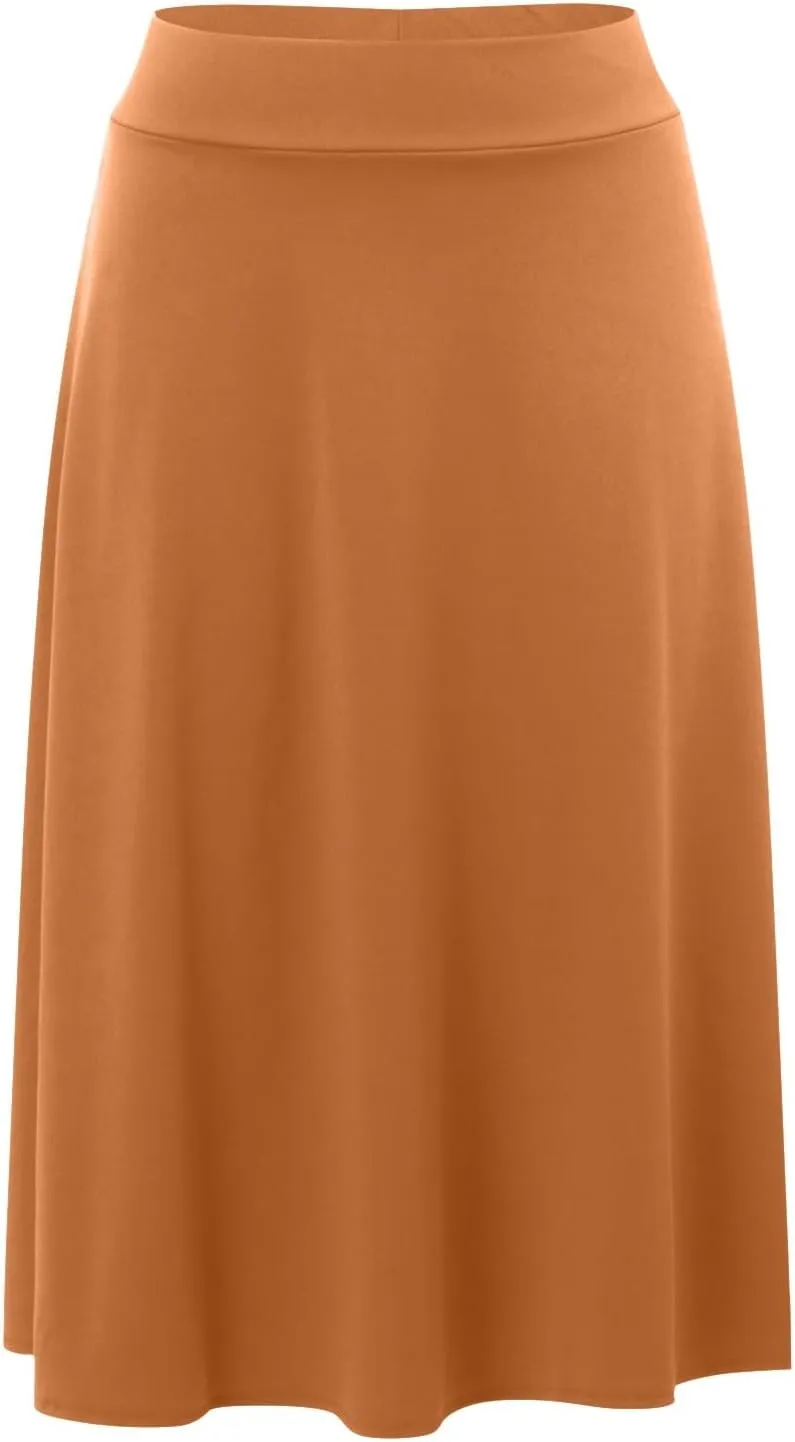 Womens Elastic Waist Midi Skirt Solid Pleated Flared Office Work Casual Fashion Trendy Slim Fit Comfy Long Skirts