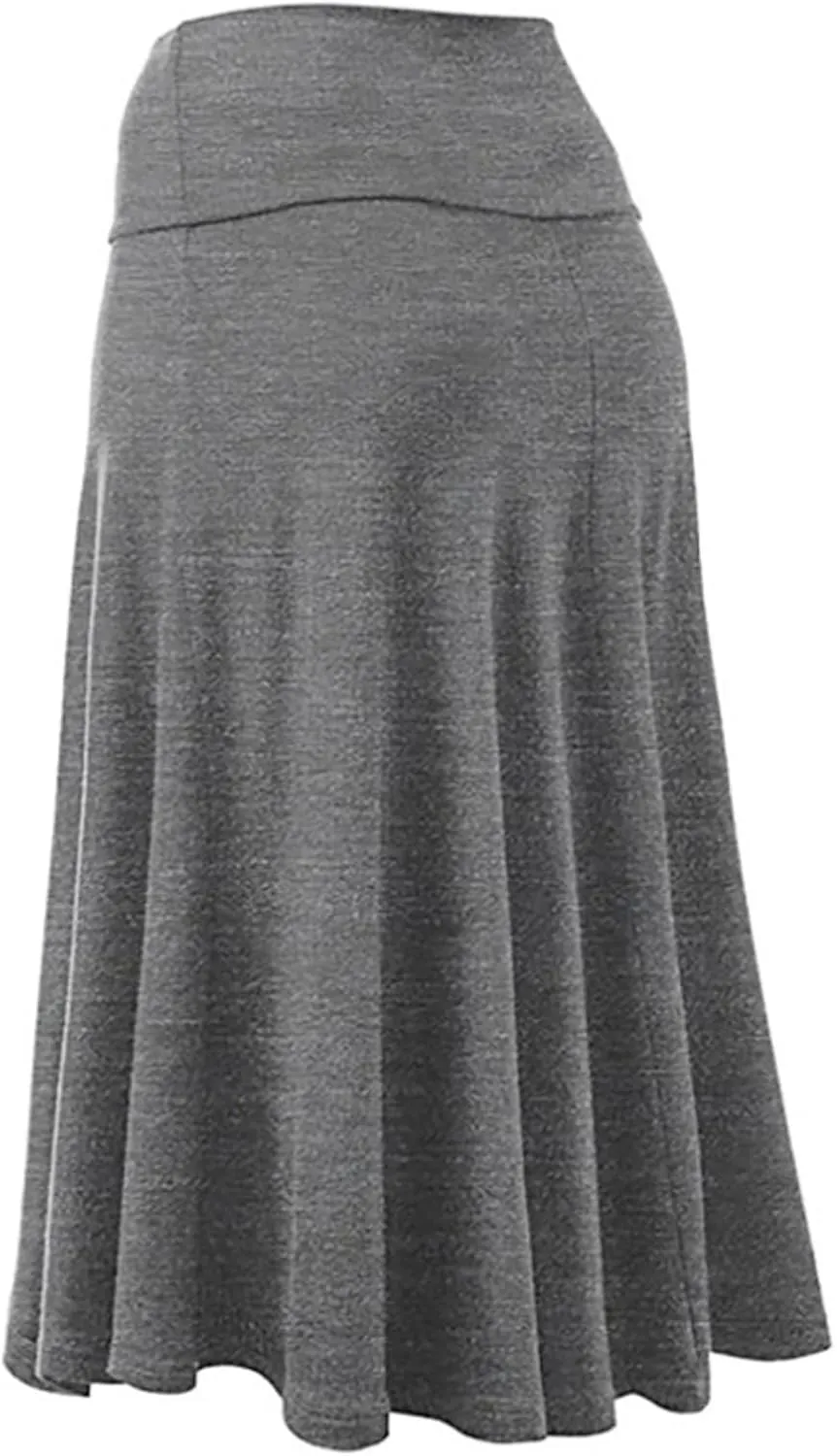 Womens Elastic Waist Midi Skirt Solid Pleated Flared Office Work Casual Fashion Trendy Slim Fit Comfy Long Skirts