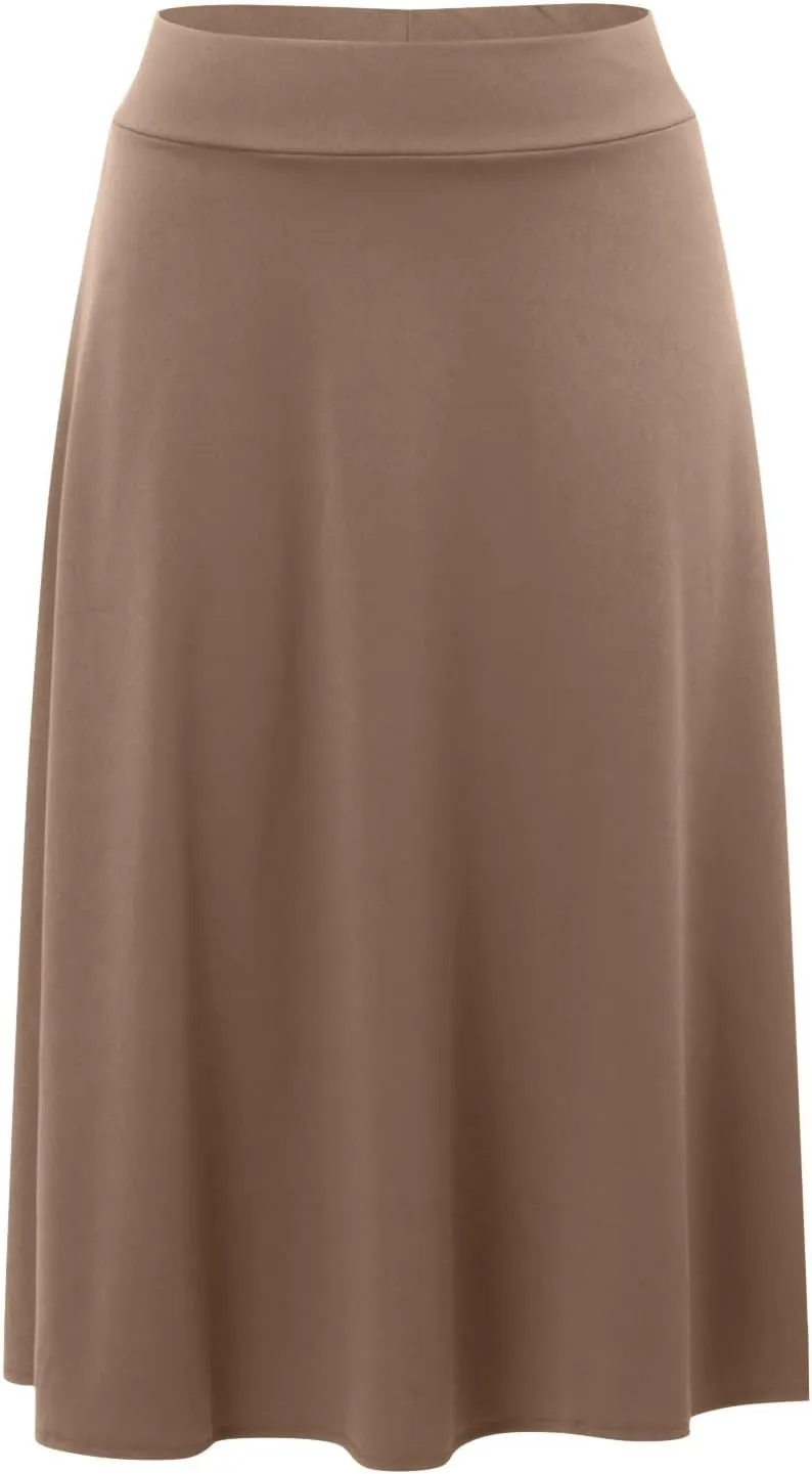Womens Elastic Waist Midi Skirt Solid Pleated Flared Office Work Casual Fashion Trendy Slim Fit Comfy Long Skirts