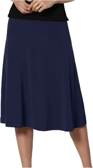 Womens Elastic Waist Midi Skirt Solid Pleated Flared Office Work Casual Fashion Trendy Slim Fit Comfy Long Skirts