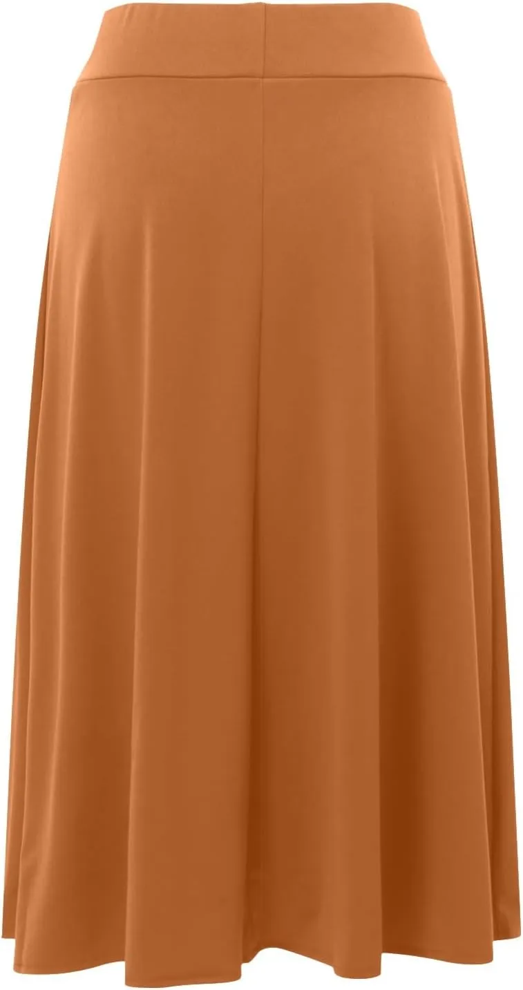 Womens Elastic Waist Midi Skirt Solid Pleated Flared Office Work Casual Fashion Trendy Slim Fit Comfy Long Skirts