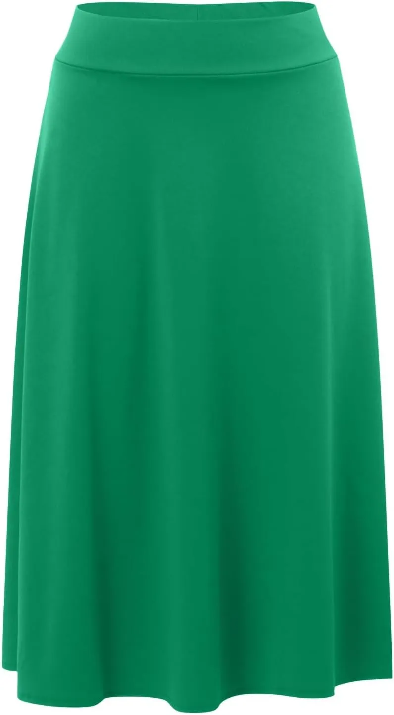 Womens Elastic Waist Midi Skirt Solid Pleated Flared Office Work Casual Fashion Trendy Slim Fit Comfy Long Skirts
