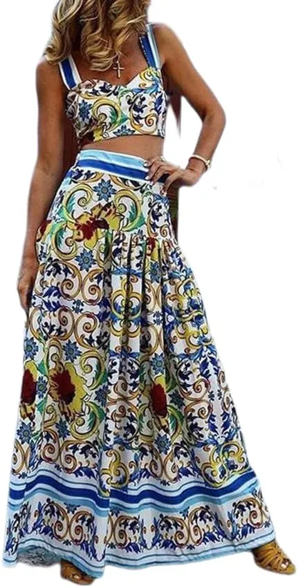 Womens Floral 2 Piece Skirt Sets Sleeveless Boho Crop Tank Top Maxi Skirt Summer Vacation Beach Matching Set