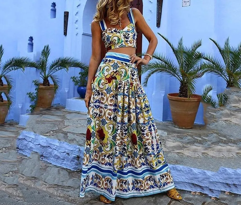 Womens Floral 2 Piece Skirt Sets Sleeveless Boho Crop Tank Top Maxi Skirt Summer Vacation Beach Matching Set