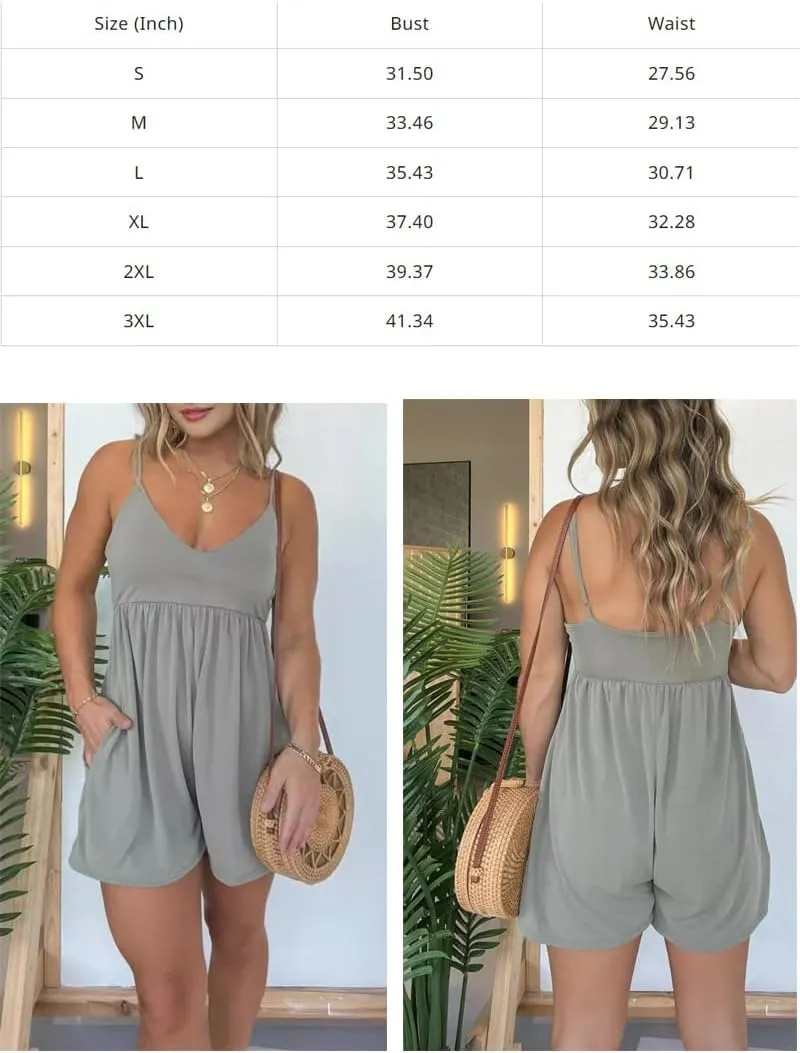 Women's Flowy Romper with Pockets,Women's Summer Loose Wide Leg Jumpsuit Casual Sleeveless Solid Color V-Neck Dress