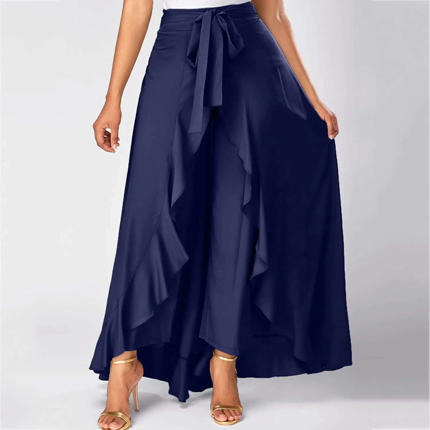 Women's High Waisted A-Line Midi Skirts Elegant Lace Up Long Skirt Casual Loose Irregular Hem Pleated Flowy Maxi Skirts