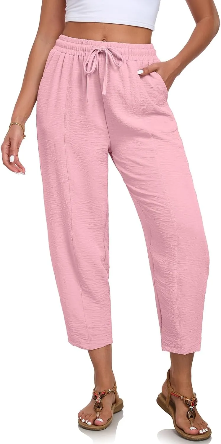 Womens High Waisted Baggy Pants Drawstring Elastic Waisted Ankle Length Pants Palazzo Casual Trouser with Pockets