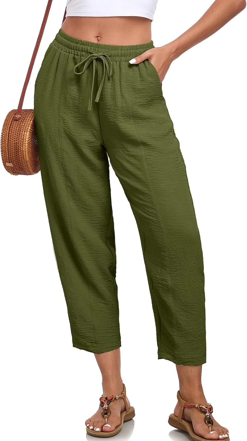 Womens High Waisted Baggy Pants Drawstring Elastic Waisted Ankle Length Pants Palazzo Casual Trouser with Pockets