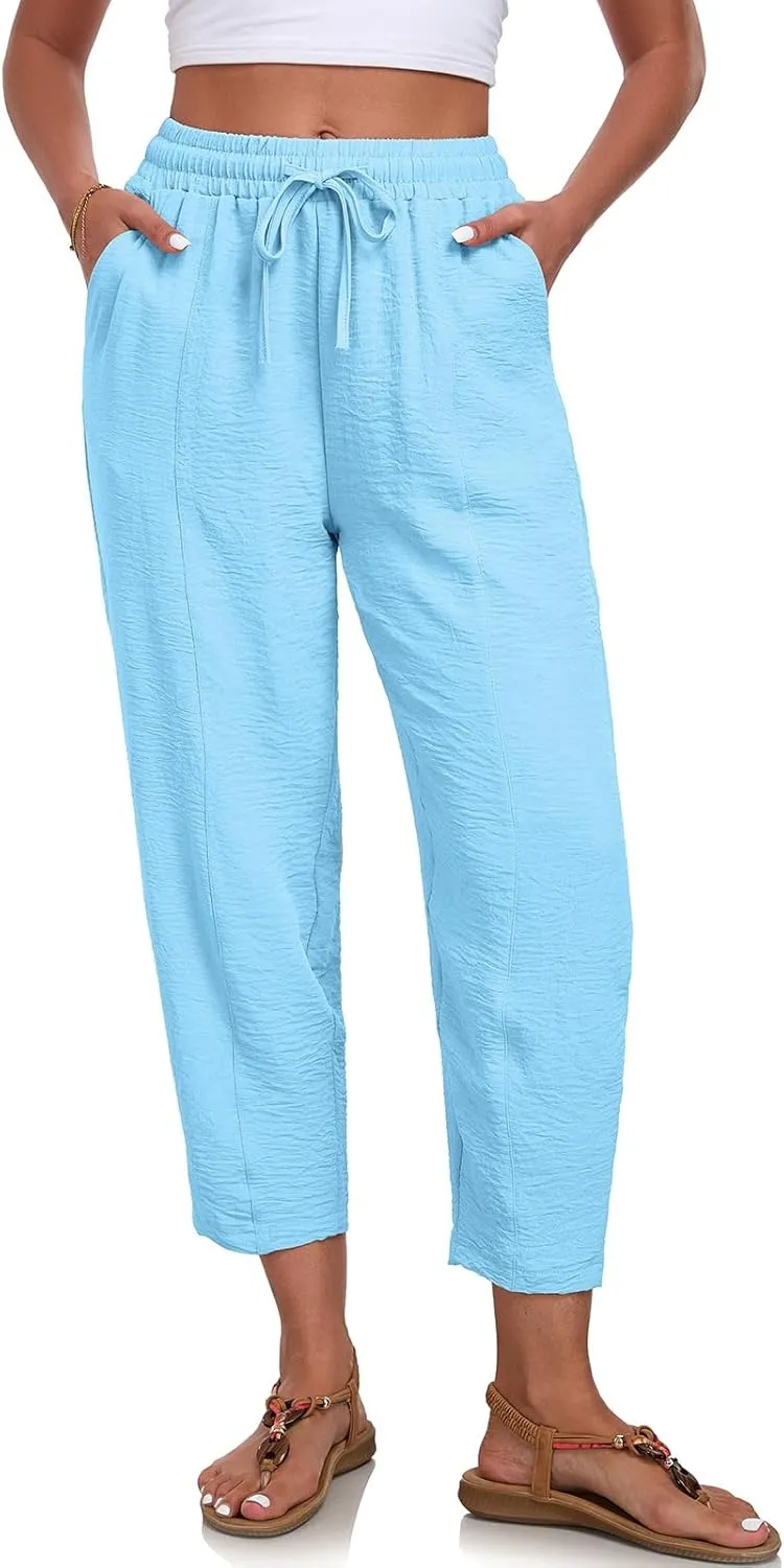 Womens High Waisted Baggy Pants Drawstring Elastic Waisted Ankle Length Pants Palazzo Casual Trouser with Pockets