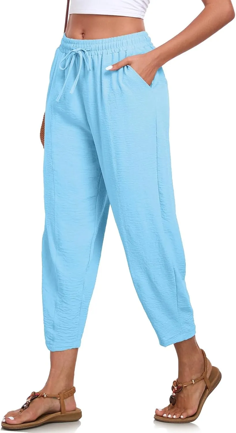 Womens High Waisted Baggy Pants Drawstring Elastic Waisted Ankle Length Pants Palazzo Casual Trouser with Pockets
