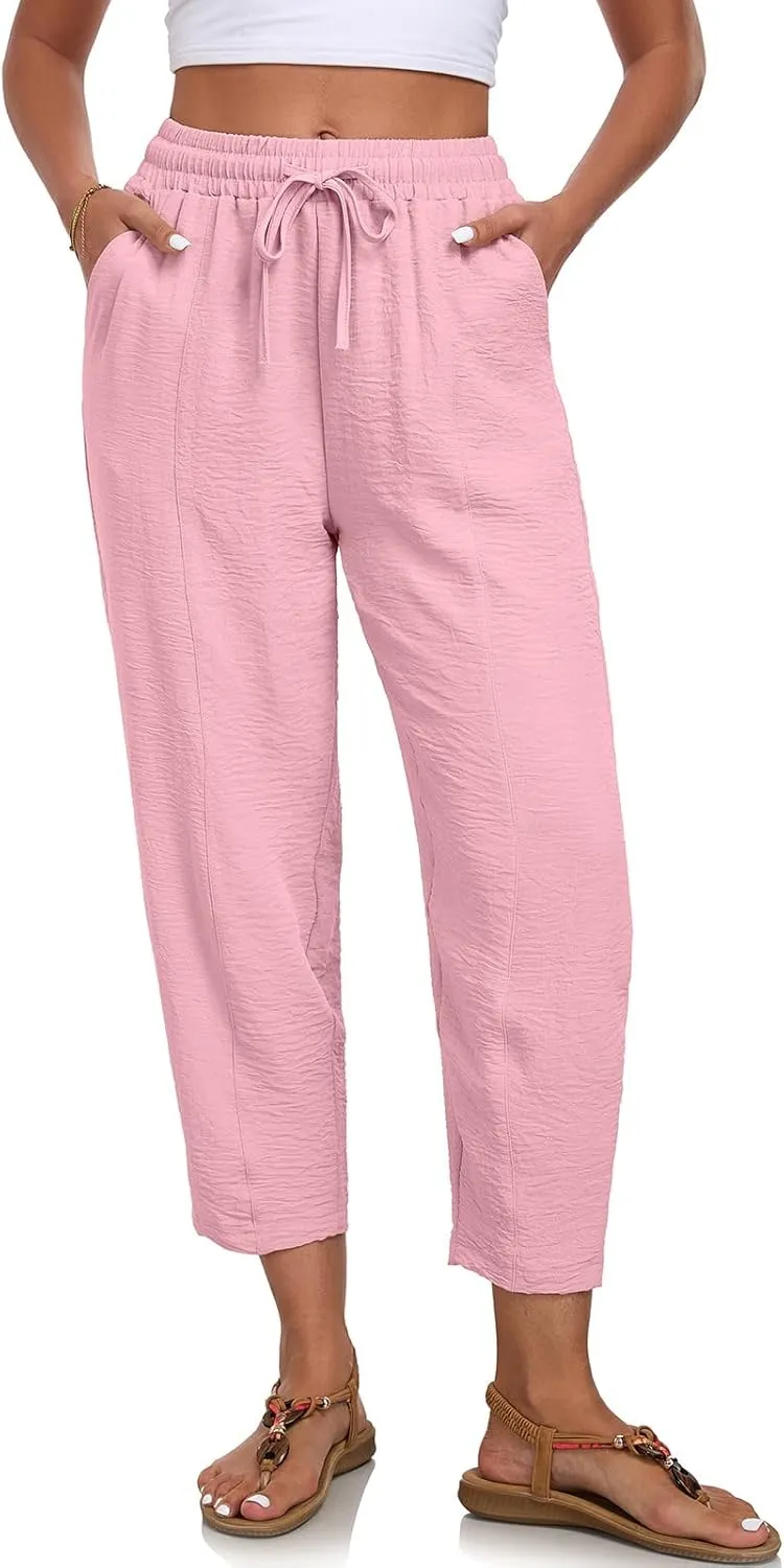 Womens High Waisted Baggy Pants Drawstring Elastic Waisted Ankle Length Pants Palazzo Casual Trouser with Pockets